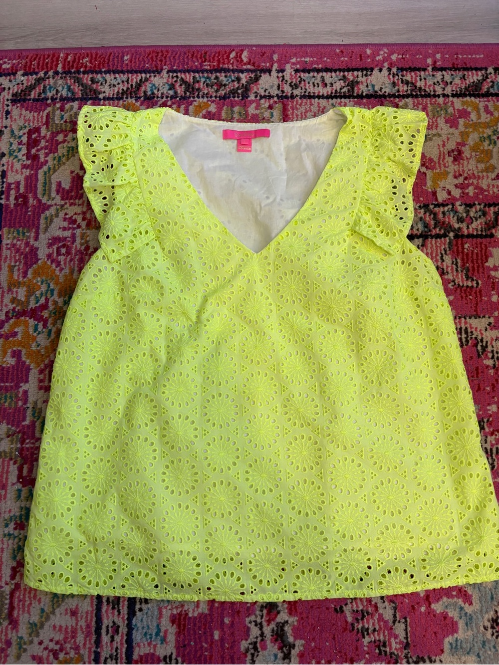 Lilly Pulitzer Neon Yellow Eyelet V-Neck Ruffle Sleeve top